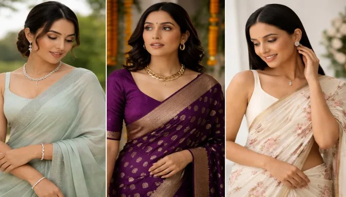 Layered silver and gold Western jewellery sets paired with traditional saree for modern fusion Layered silver and gold Western jewellery sets paired with traditional saree for modern fusion