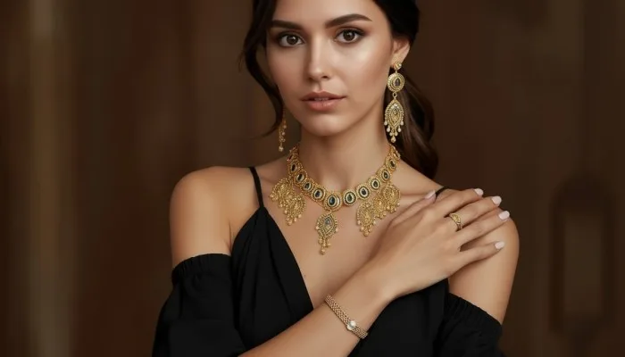 Woman styling gold Western jewellery set with midi dress for chic everyday look