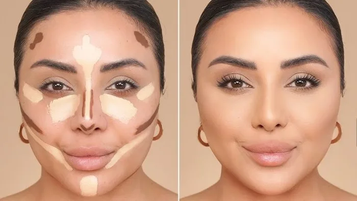 Before and after photos of round Indian face slimmed with contour on jawline and temples, best contour tutorial for round Indian faces result.