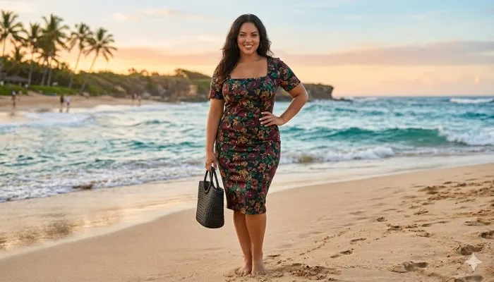 Floral casual beach wear for curvy ladies in a navy blue orchid print bodycon style.