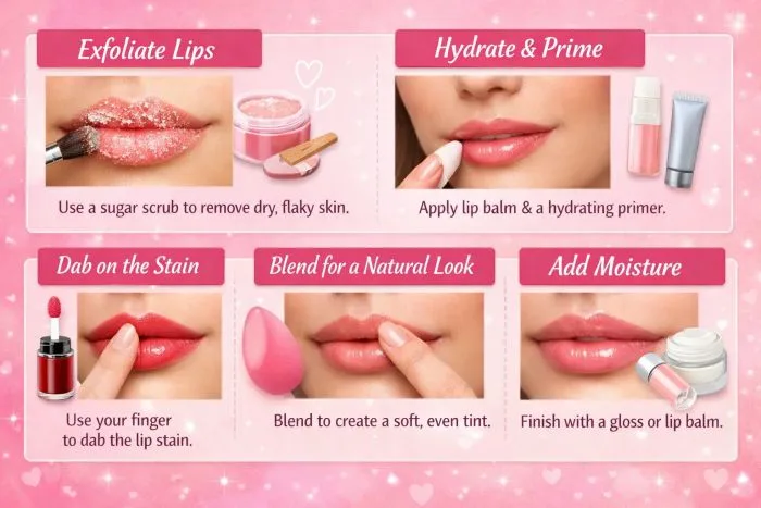 Step-by-step guide for the center dab method to apply lip stain evenly on dry lips.