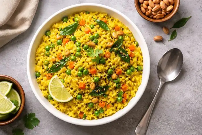 Healthy Indian breakfast poha with vegetables for weight loss diet