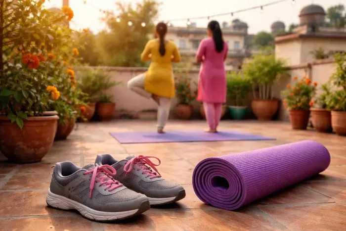 Terrace yoga and evening walk routine for 30 day weight loss