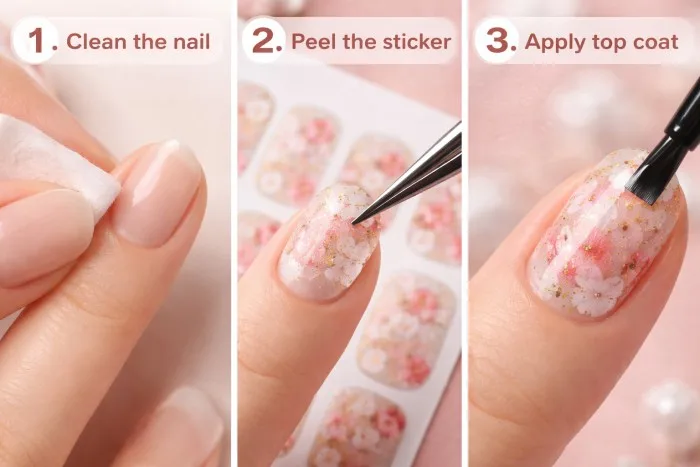 How to apply floral nail stickers at home step by step for beginners