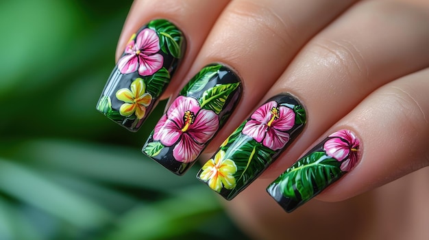 Neon floral nail art and tropical hibiscus stickers for teenage parties