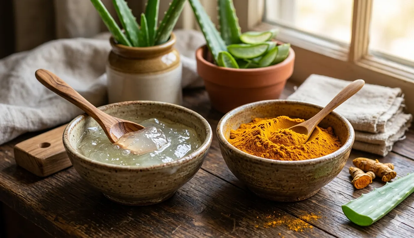 Applying fresh aloe vera gel to remove pimple marks naturally at home.