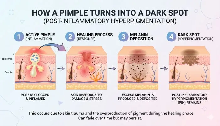 Step-by-step diagram: from pimple to dark spot (PIH), illustrating why natural remedies are used to lighten pimple marks.