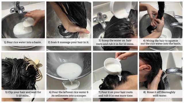 Step by step application of rice water on scalp and hair after shampooing for 7 day growth challenge. Step by step application of rice water on scalp and hair after shampooing for 7 day growth challenge.