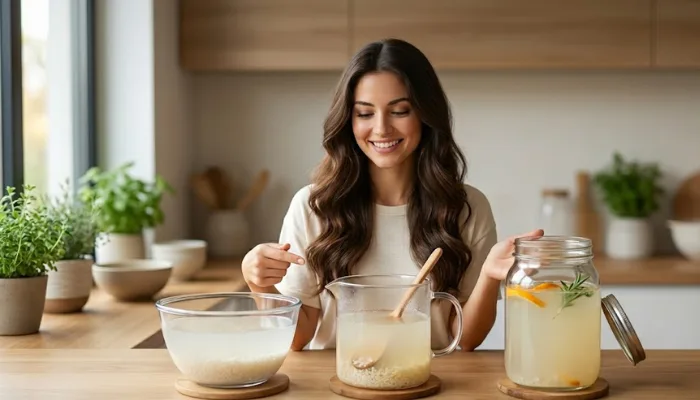 Three ways to prepare rice water: quick soak, boiled method, and overnight fermented rice water for hair roots. Three ways to prepare rice water: quick soak, boiled method, and overnight fermented rice water for hair roots.