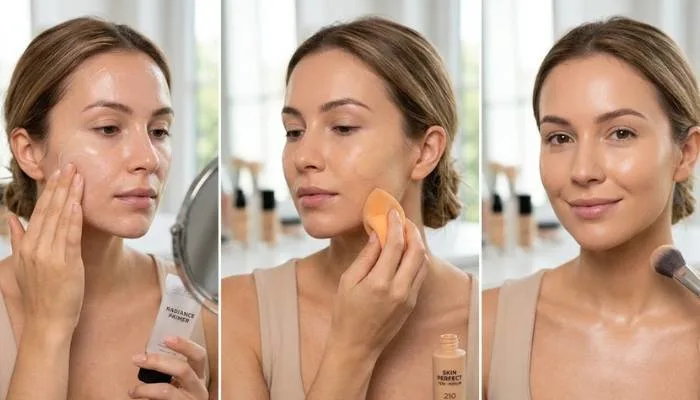 Run 16 steps like my cousin did shaadi: wash face, dab primer, and dot Lakme foundation to match neck tone spot on.