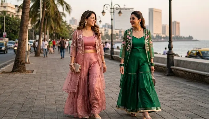Stylish ethnic wear for women featuring modern organza shrugs and sharara co-ord sets trending in Mumbai and Hyderabad.