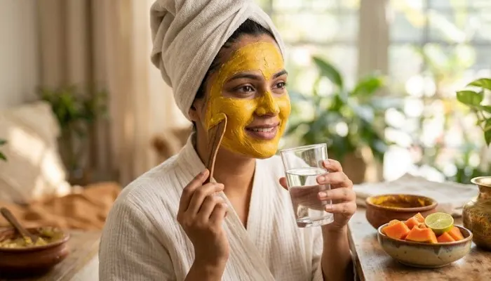 Natural anti-aging home remedies using turmeric, besan, and hydration for youthful skin in your 20s.