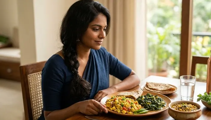 High protein Indian diet including eggs and spinach for long term hair thickness and root strength.