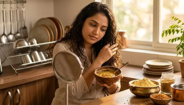 Natural Indian kitchen ingredients like besan and fenugreek for homemade hair thickening masks.