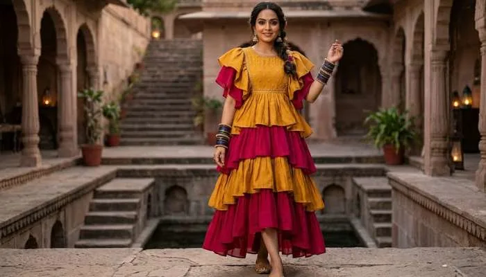 Bold ruffle dress for women styled with traditional juttis and glass bangles for a desi twist.