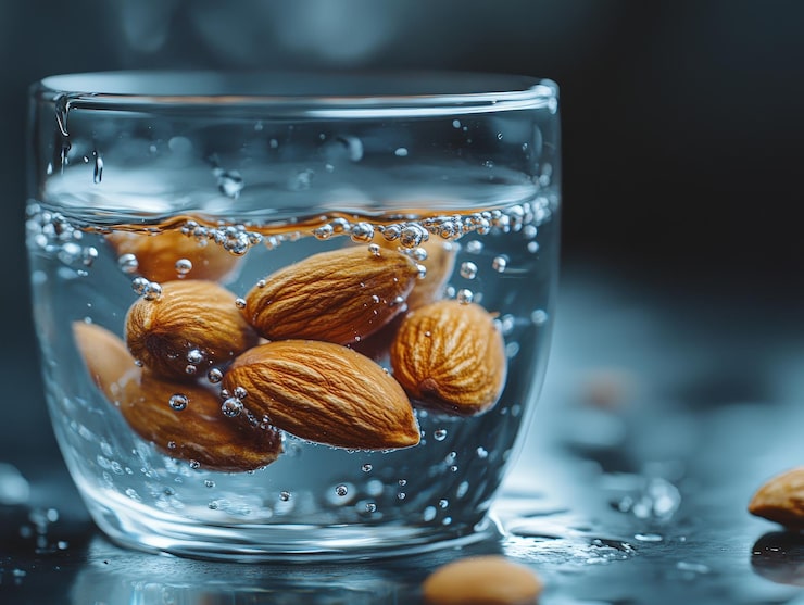 Healthy Indian diet for glowing skin featuring soaked almonds and coconut water