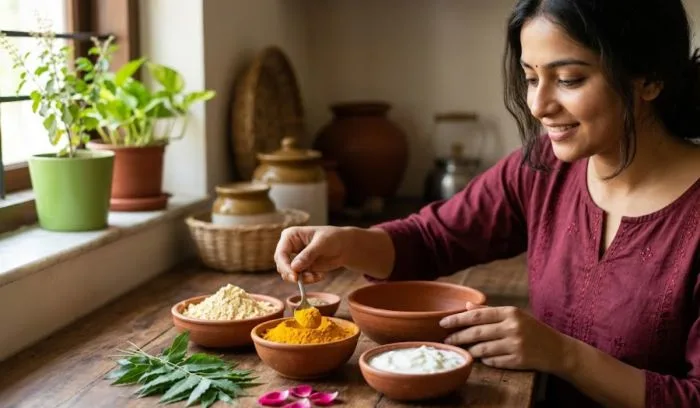 Natural Indian home remedy ingredients including haldi besan and curd for bridal glow