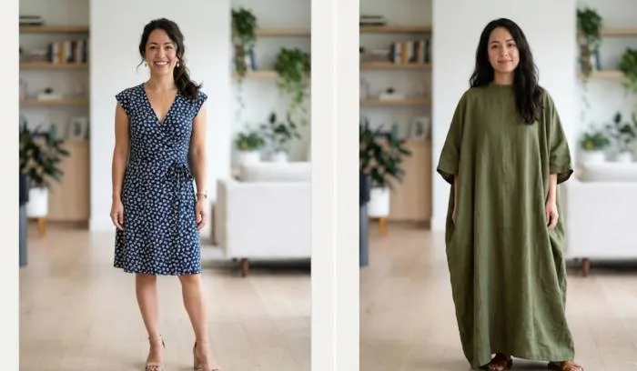 Side-by-side comparison of a short woman in a flattering above-knee wrap dress versus an oversized, baggy maxi dress. Side-by-side comparison of a short woman in a flattering above-knee wrap dress versus an oversized, baggy maxi dress.