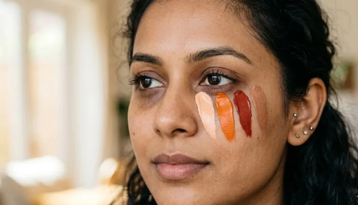 Color corrector swatches featuring peach, orange, and red creams for neutralizing dark circles on Indian skin tones.