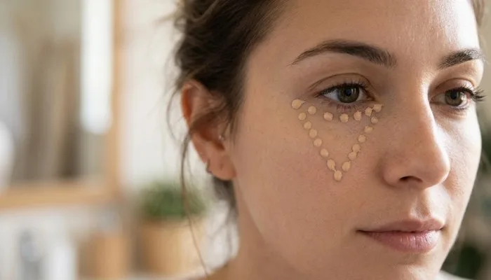Inverted triangle technique for applying liquid concealer under the eye to brighten dark circles.