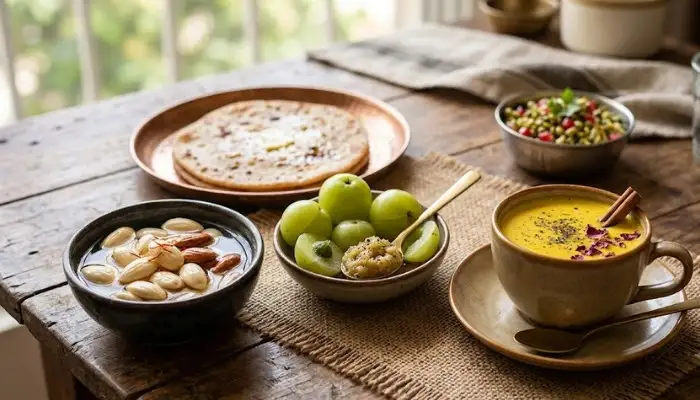 A traditional Indian breakfast diet plan for strong nails featuring soaked almonds, amla, and turmeric milk. A traditional Indian breakfast diet plan for strong nails featuring soaked almonds, amla, and turmeric milk.