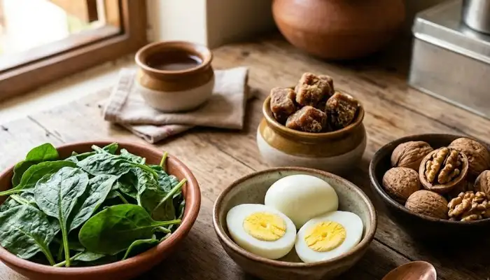 Biotin and iron-rich Indian foods for nail growth including spinach, eggs, walnuts, and jaggery. Biotin and iron-rich Indian foods for nail growth including spinach, eggs, walnuts, and jaggery.