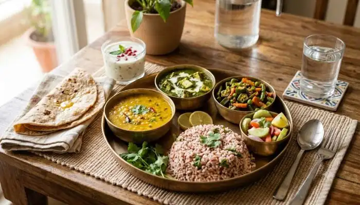 A balanced Indian lunch meal to break the fast on an intermittent fasting schedule. A balanced Indian lunch meal to break the fast on an intermittent fasting schedule.