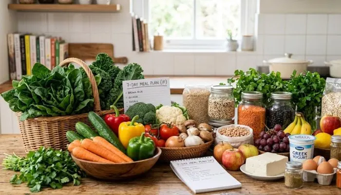 Healthy and budget-friendly ingredients for a 7-day meal plan for intermittent fasting. Healthy and budget-friendly ingredients for a 7-day meal plan for intermittent fasting.
