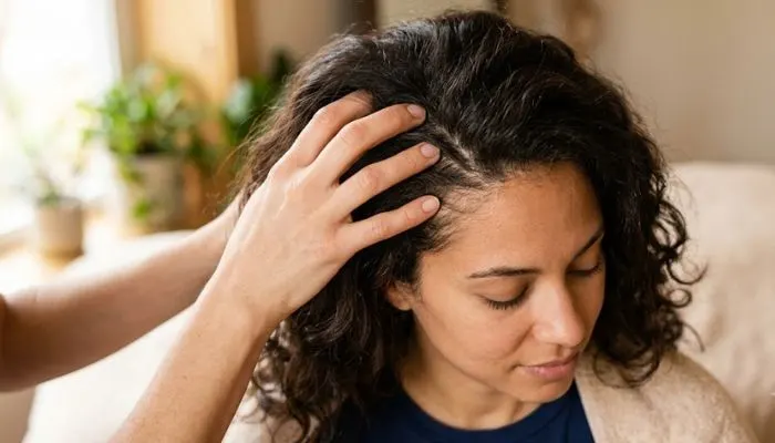 Close-up shot showing proper fingertip scalp massage technique for hair growth. Close-up shot showing proper fingertip scalp massage technique for hair growth.
