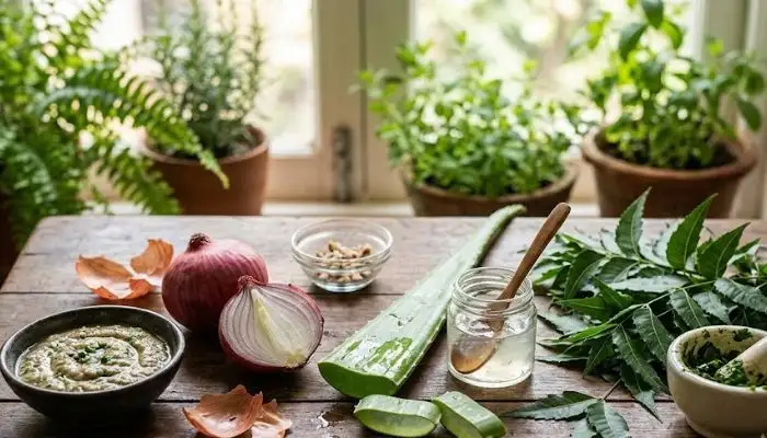 Natural ingredients like onion, aloe vera, and neem for DIY scalp health. Natural ingredients like onion, aloe vera, and neem for DIY scalp health.