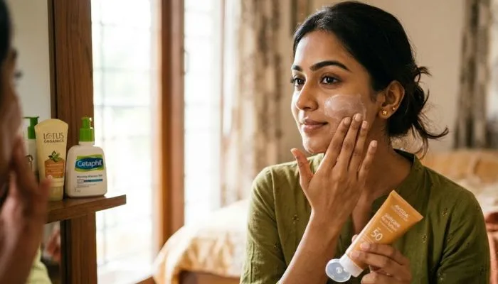 Close-up of a woman applying gentle sunscreen on her face in the morning.
