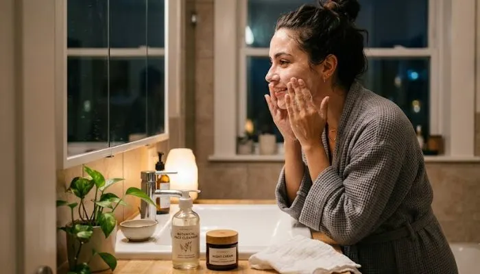 Nighttime skincare routine featuring a gentle face cleanser and night cream.