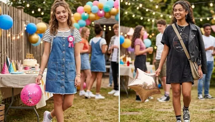 Casual birthday dress for 16 year girl featuring a cool denim dress and an oversized casual t-shirt dress Casual birthday dress for 16 year girl featuring a cool denim dress and an oversized casual t-shirt dress