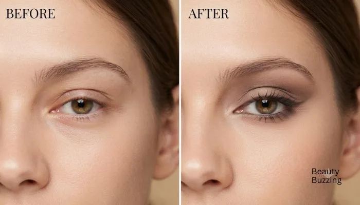 Example of siren eye makeup applied on hooded eyes with a thin wing to add definition and lift