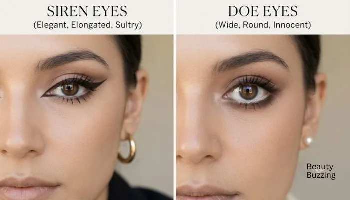 Side-by-side comparison showing the difference between almond-shaped siren eyes and rounded doe eyes makeup styles.