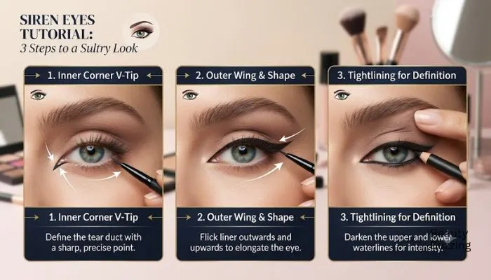 Three-step tutorial showing how to apply inner corner liner, outer wing, and tightlining for siren eyes.