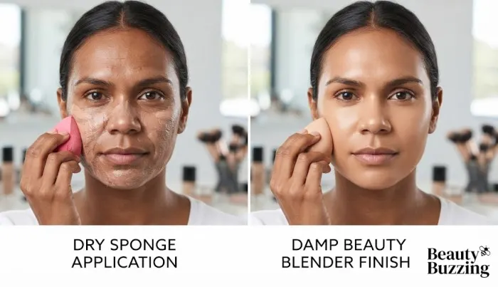 Comparison showing how a damp beauty blender creates a smoother foundation finish than a dry sponge. Comparison showing how a damp beauty blender creates a smoother foundation finish than a dry sponge.