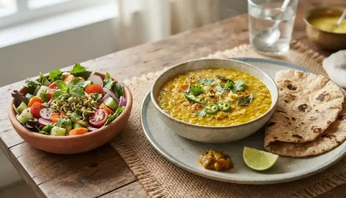 A nutritious bowl of home-cooked Indian moong dal with jowar roti and a garden salad for healthy weight loss. A nutritious bowl of home-cooked Indian moong dal with jowar roti and a garden salad for healthy weight loss.