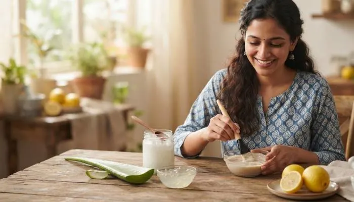 Natural hair care ingredients like coconut oil, aloe vera, and lemon on a table. Natural hair care ingredients like coconut oil, aloe vera, and lemon on a table.