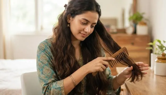 Showing how to detangle hair starting from the ends using a wide-tooth comb. Showing how to detangle hair starting from the ends using a wide-tooth comb.