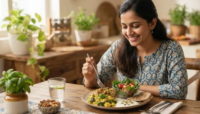 A healthy diet plate with protein-rich foods like eggs, spinach, and nuts for hair health. A healthy diet plate with protein-rich foods like eggs, spinach, and nuts for hair health.