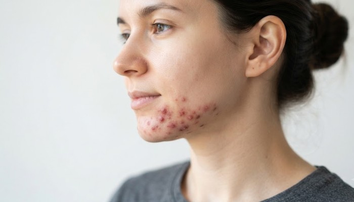 A face chart highlighting the chin and jawline area where PCOS-related acne typically appears. A face chart highlighting the chin and jawline area where PCOS-related acne typically appears.