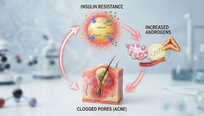 A simple diagram illustrating the "Vicious Cycle" of Insulin Resistance, Androgens, and Clogged Pores. A simple diagram illustrating the "Vicious Cycle" of Insulin Resistance, Androgens, and Clogged Pores.
