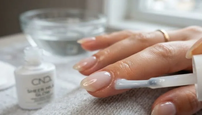 Applying a sheer milky white nail polish to create a translucent base for glazed nails. Applying a sheer milky white nail polish to create a translucent base for glazed nails.
