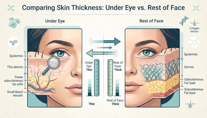 Infographic comparing the thickness of skin under the eye versus the rest of the face Infographic comparing the thickness of skin under the eye versus the rest of the face