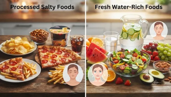 A healthy lifestyle comparison showing processed salty foods versus fresh water-rich foods for skin health. A healthy lifestyle comparison showing processed salty foods versus fresh water-rich foods for skin health.