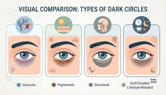 A visual comparison chart showing the four main types of dark circles: vascular, pigmented, structural, and lifestyle-related. A visual comparison chart showing the four main types of dark circles: vascular, pigmented, structural, and lifestyle-related.