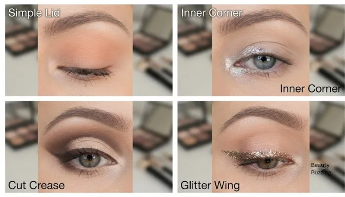 A collage showing 4 variations: Simple Lid, Inner Corner, Cut Crease, and Glitter Wing.