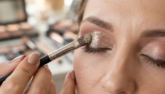 An image showing a piece of tape applied diagonally under the eye area to catch glitter fallout.