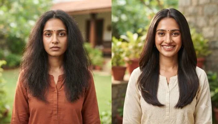Comparison showing the difference between dull, damaged hair and healthy, hydrated hair treated with coconut oil. Comparison showing the difference between dull, damaged hair and healthy, hydrated hair treated with coconut oil.